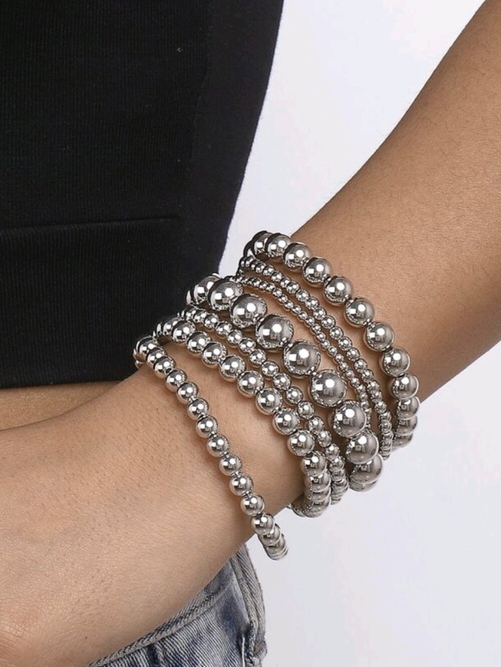 Silver Bead Stackable Bracelet Set - Women Jewelry